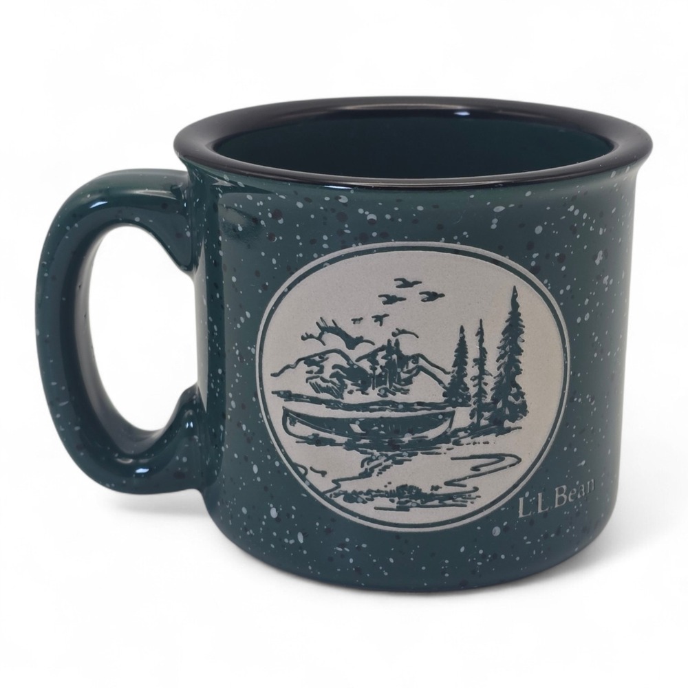 Vintage LL Bean Camping Mug Green Speckled Canoe Mountain 16oz Stoneware